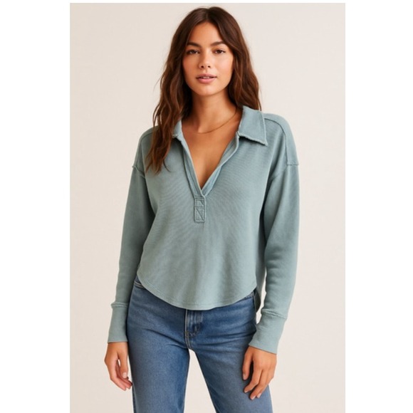 Free People Tops - Free People We The Free Anakin Thermal Waffle Henley Top Large V Neck Knit Blue